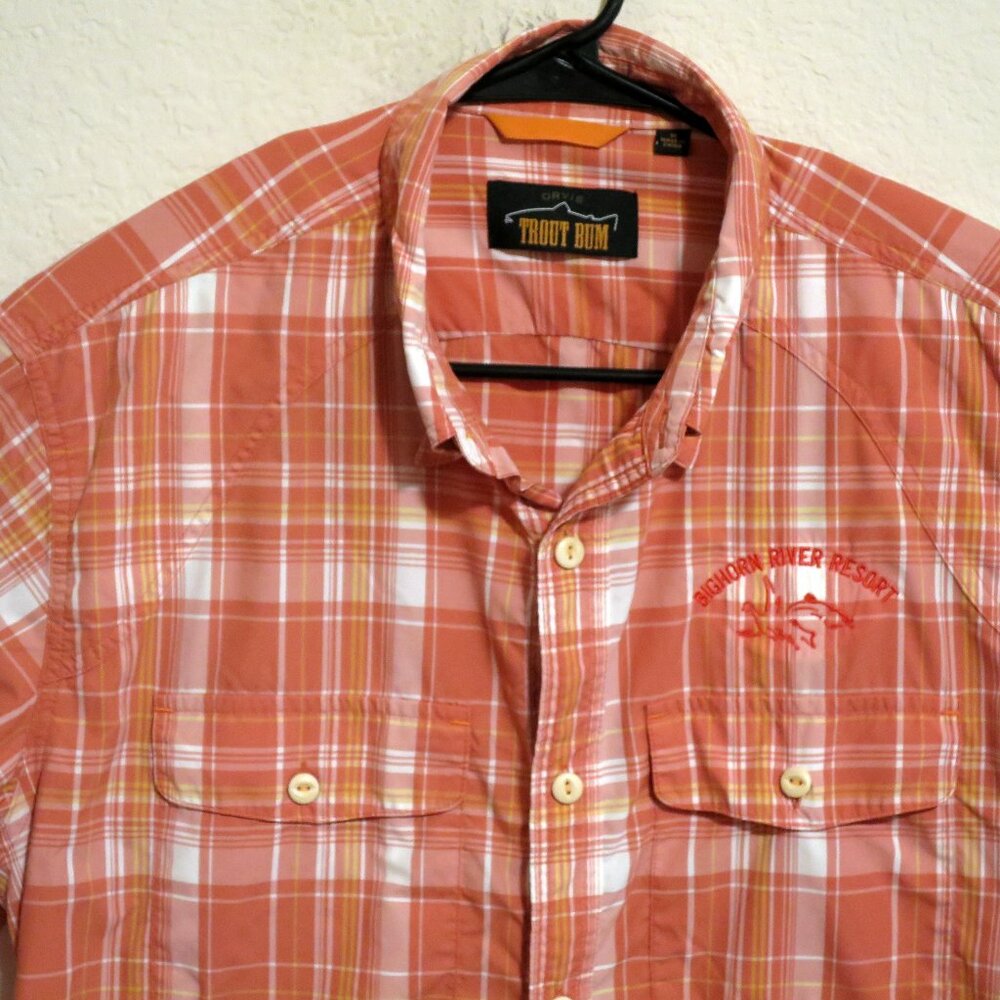 Orvis Shirt Mens Medium Trout Bum Long Sleeve Button Outdoor Fishing Orange
